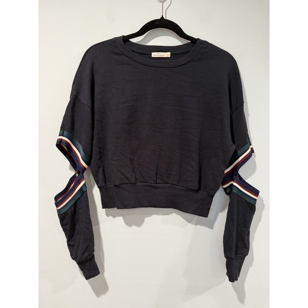 Cropped Crewneck Sweater with Stripe Detail - Black